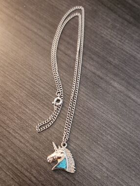 Silver Unicorn Pendant Necklace with Turquoise Accent - Women's Jewelry